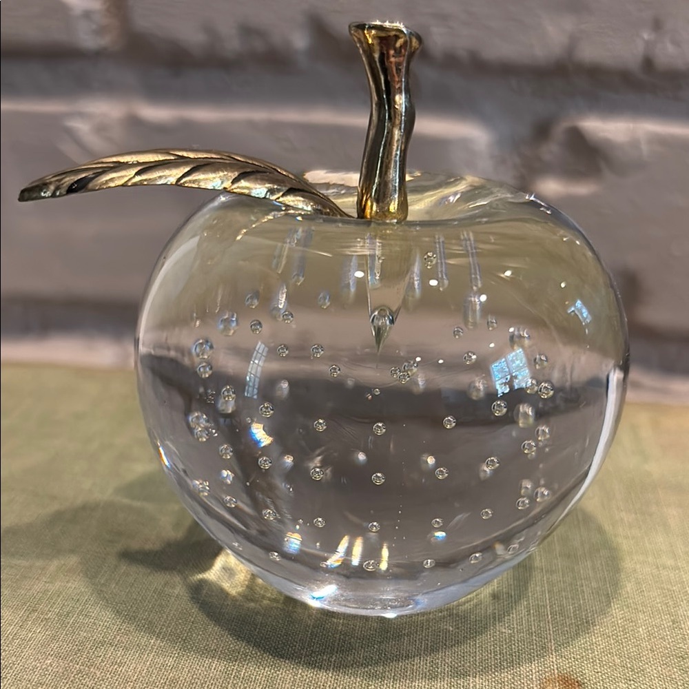 VTG Clear Glass Apple Controlled Bubbles‎ Paperweight with Brass Stem